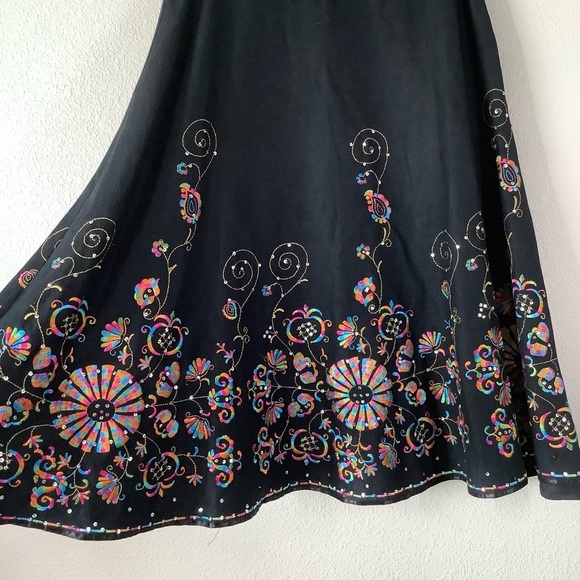 VINTAGE Embroidered Linen Skirt Black A-line Midi Pin-Up Retro Rockabilly 8 - Picture 3 of 12